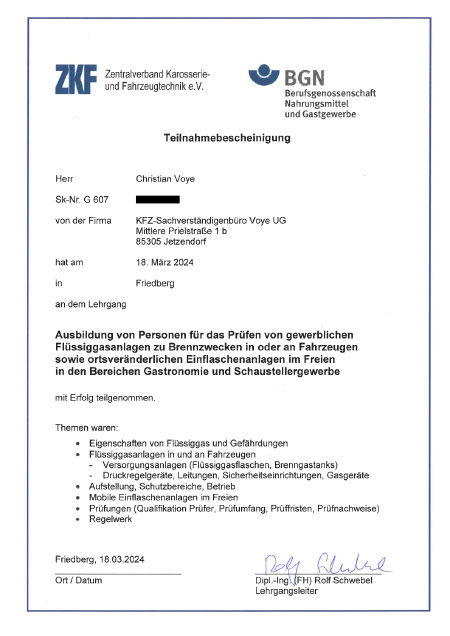 Teilnahmebestätigung Christian Voye ZKF DGUSV 310 Gasprüfung