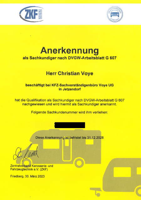 Anerkennung Christian Voye - Sachkundiger nach DvGW-Arbeitsblatt G 607
