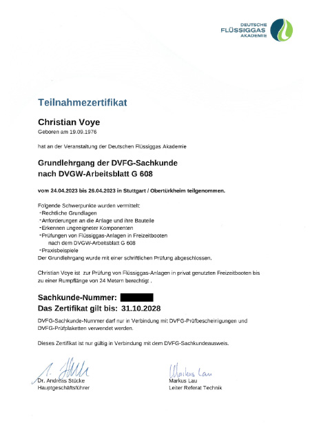 Teilnahmezertifikat Christian Voye - Grundlehrgamg des DVFG Sachkunde G 608