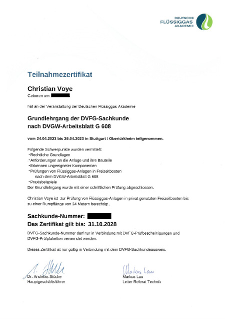 Teilnahmezertifikat Christian Voye - Grundlehrgamg des DVFG Sachkunde