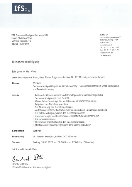 Ifs Teilnahmebestätigung Christian Voye - Sachverständigentätigkeit im Gerichtsumfeld