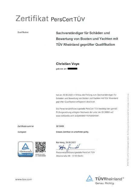 Zertifikat PersCert TÜV Boote und Yachten Christian Voye