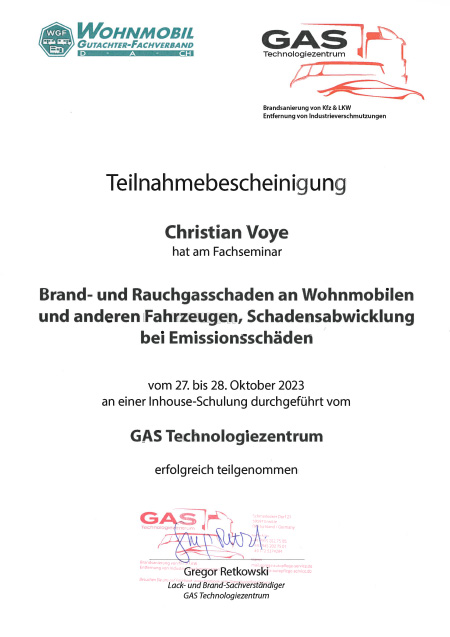 Teilnahmebescheinigung Christian Voye Brand- und Rauchgasschäden an Wohnmobilen