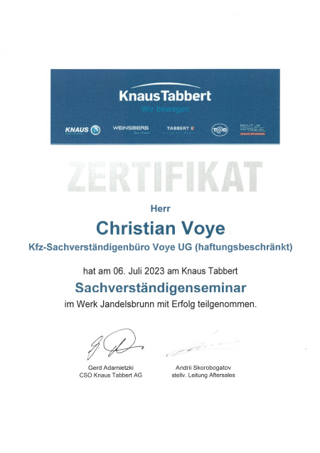 Zertifikat Christian Voye Sachverständigenseminar Knaus