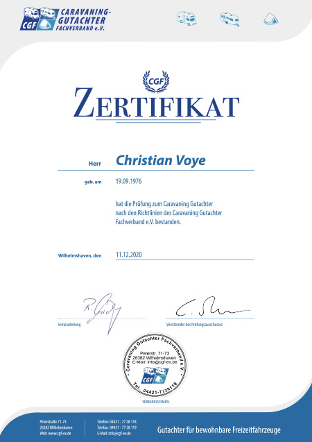 Zertifikat Caravaning-Gutachter Christian Voye