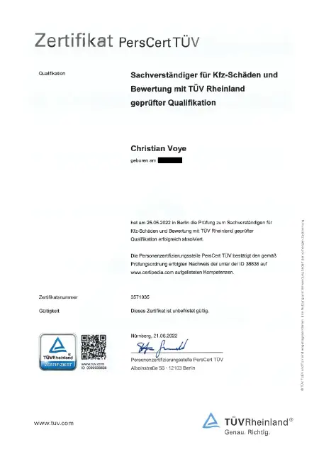 Zertifikat PersCert TÜV Kfz-Schäden und Bewertungen Christian Voye